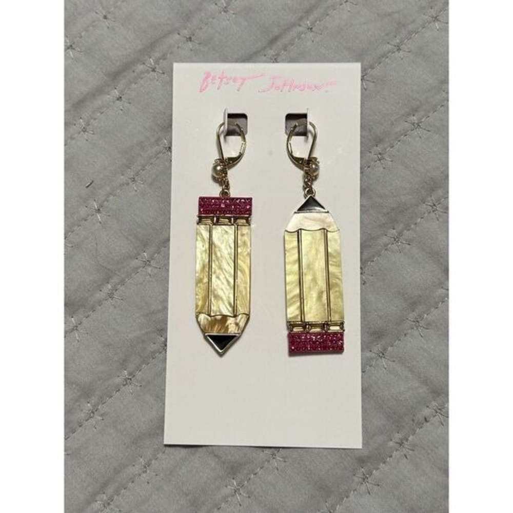 Betsey Johnson Pencil Earrings Women's Yellow Pink Rhinestone Asymmetrical Drop